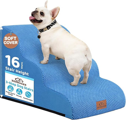 Dog Ramp and Stair for Bed 16" H-20 H,3-Step Cat Stair for Sofa and Chair,4-Step Dog Ramp for High Bed and Window,Durable Nonslip Fabric Cover for Indoor (Blue-16“H, Pet Friendly, 3)