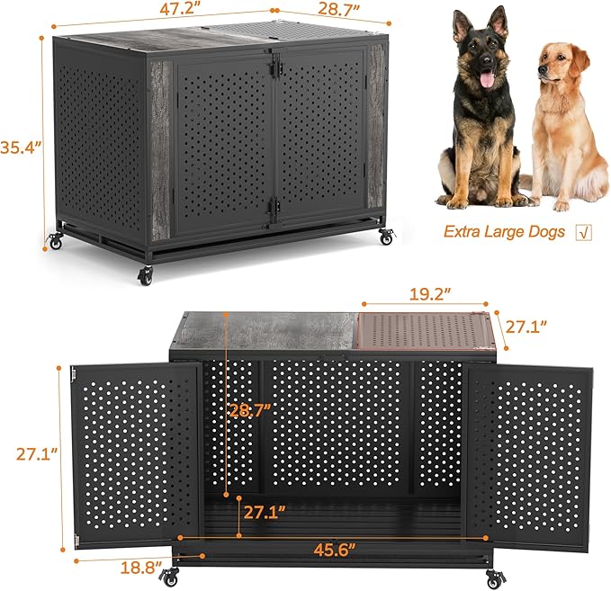 48" Heavy Duty Dog Crate Furniture for Extra Large Dogs, Enclosed Design with 0.5 inch Holes, Indestructible Metal Kennel for High Anxiety Dogs, Chew Proof Pet House Cage Indoor, Gray
