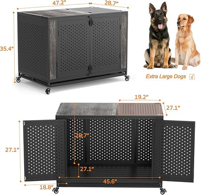 48" Heavy Duty Dog Crate Furniture for Extra Large Dogs, Enclosed Design with 0.5 inch Holes, Indestructible Metal Kennel for High Anxiety Dogs, Chew Proof Pet House Cage Indoor, Gray