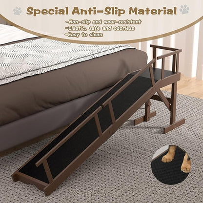 61" Dog Ramp for Bed, Pet Ramp with Removable Side Rail and Non-Slip Surface, Pet Ramp for Small & Large & Senior Dogs with Rest Platform and DIY Glow Strips,Dog Stairs for Couch, Brown