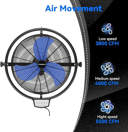 20 IN 5500 CFM Remote Control Wall Mount Fan, 3 Speed High Velocity Wall Fan with Timer, Oscillation & Tilting, Air Circulator for Garage, Commercial, Greenhouse, Warehouse & Gazebo Use, UL Listed