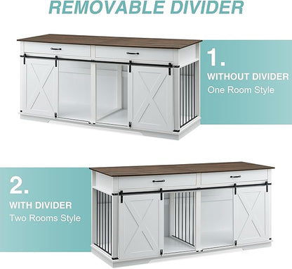 EDYO LIVING 72.5" Large Dog Crate Furniture for 2 Dogs, Wooden Dog Kennel with Drawers, Divider, Sliding Barn Door, Water Resistant Indoor Furniture Style Double Dog Crates, White