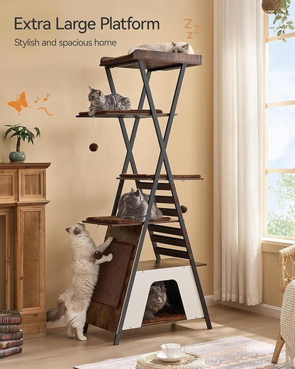 FourFurPets 72.4" Modern Cat Tower for Indoor Cats - Multi-Level Condo With Caves, Tall Tree With Scratching Board, Wooden Tower With Large Perch, Removable Pads, Rustic Brown