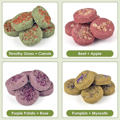 ERKOON 24Pcs Bunny Chew Toys, Small Animal Molar Toys Timothy Grass Beet Sweet Potato Pumpkin Cake Treats for Guinea Pig Hamster Bunny Chinchilla Gerbil, 100% Natural Rabbit Chews and Treats