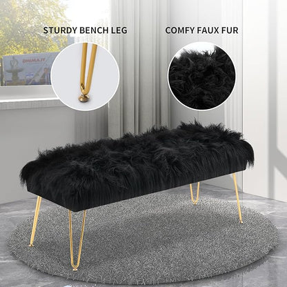 42.5 Inch Black Bedroom Bench, Benches for Bedroom White Faux Fur Upholstered Bed end Bench, Tufting Ottoman Bench Indoor Bench with Metal Legs for Living Room Bedroom Entryway, Black