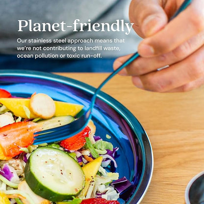 Ahimsa Stainless Steel Kids Utensils - Kids Fork and Spoon Set, Pediatrician Designed Toddler Utensils, 100% BPA Free & Dishwasher Safe (Iridescent Blue)