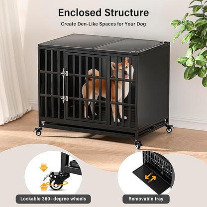 38 inch Heavy Duty Dog Crate with Self-Locking Latch, Indestructible Steel Large Kennel with Enclosed Design, Chew-Proof and Escape-Proof Pet Cage for High Anxiety Dogs