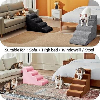 4 Step Pet Stairs Ramp for High Beds Sofas 18-24 Inch with Sturdy Non Slip Waterproof Pads, Machine Washable Cover Indoor Balanced Design for Cats Dogs Small Medium Large XL Pets Grey
