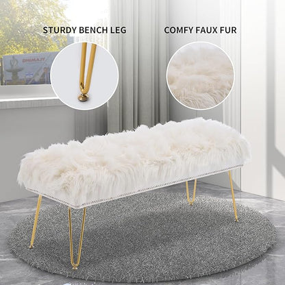 46 Inch White Bedroom Bench, Benches for Bedroom White Faux Fur Upholstered Bed end Bench, Tufting Ottoman Bench Indoor Bench with Metal Legs for Living Room Bedroom Entryway, White
