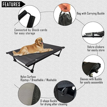 Folding Elevated Dog Bed – Portable Collapsible Raised Dog Cots Cooling Pet Bed with Aluminum Frame, Lever Locking System, Breathable Mesh for Camping, Beach, Lawn, Travel