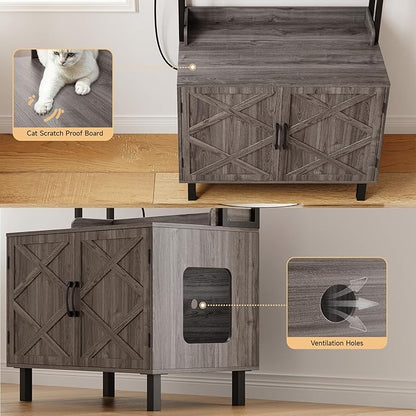 55 Inches Cat Litter Box Enclosure, Hidden Litter Box Furniture with 2 Storage Shelves and Charging Sockets, Wooden Cat House, Large Indoor Cabinet for Living Room & Entryway, Grey