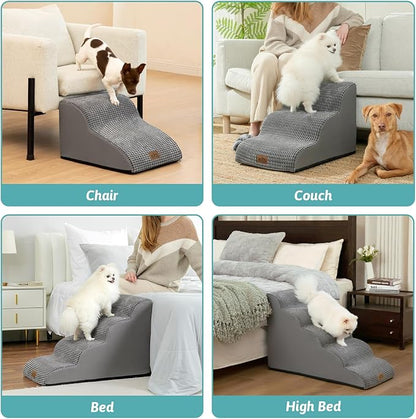 Dog Stairs for Small Dogs 19.7" H, Curved Dog Step for Puppy, Older or Cat, Medium Pet Ramp for Sofa, Couch or Bed, Ladder with High Density Foam, 15.7x28.3x19.7 inch, 4 Step, Light Grey