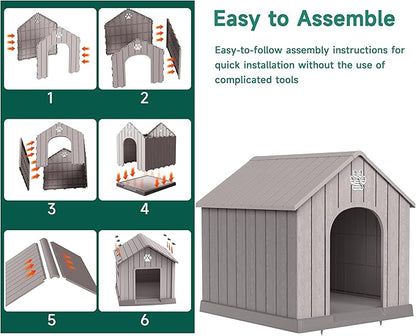 DRATO Indoor Outdoor Waterproof Dog House,PP Material,Puppy Shelter with Air Vents and Elevated Floor,Sturdy Dog Kennel for Small to Large Sized Dogs, Easy to Assemble (Gray, 38.62×36.26×38.07 Inches)
