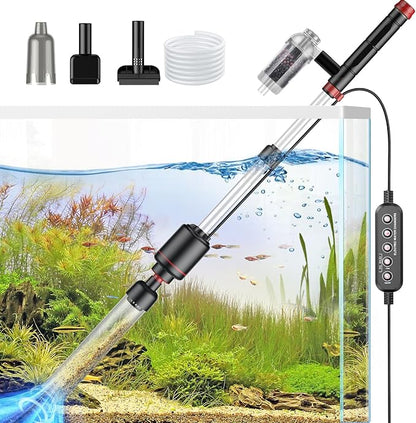 Electric Aquarium Vacuum Gravel Cleaner: 24W Fish Tank Vacuum Gravel Cleaner with Strong Suction for Automatic Water Change Algae Remover Sand Wash Water Shower and Water Circulation, Timed Off