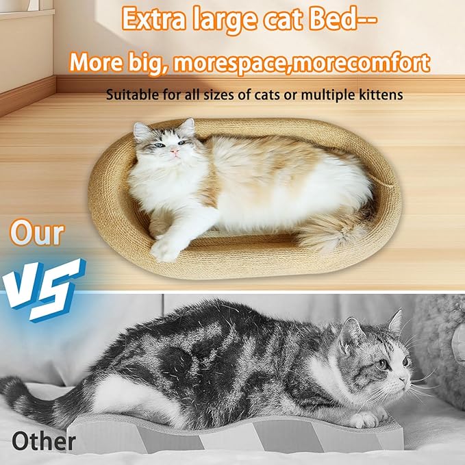 3-in-1 Sisal Scratching Board Bed, for Indoor Cats, Large Oval Cat Scratching Board, Toys for Playing and Nursing Paws (24x15x5 inches) (Large Size, Cat Bed - with Cooling Pad)