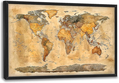 Extra Large World Map Framed Wall Art for Living Room,Oversized Vintage Map of The World Pictures Wall Decor,Canvas Print Painting Modern Artwork Bedroom Office Bathroom 36L" x 24W"