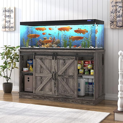 Farmhouse 55-75 Gallon Fish Tank Stand with Power Outlet, Aquarium Stand with Cabinet&Sliding Barn Door, Heavy Duty Reptile Tank Stand for 2 Fish Tank/Turtle Tank/Reptile Terrarium, Grey