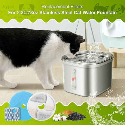 10 Set Cat Water Fountain Filter Replacement for Square 2.2L/73oz Stainless Steel Cat Fountain, ZEKIRY Pet Fountain Filter, Triple Filtration Replacement Filters(10 Filter, 10 Sponge, 10 8D Sponge)