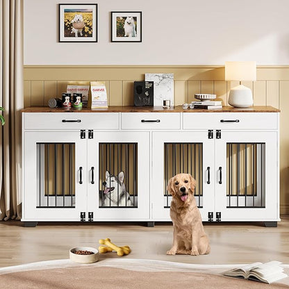 71 Inch Dog Crate Furniture for 2 Rooms, Wooden Double Crate Large Breed with Door, Dog Kennel Indoor, TV Stand End Table with Divider for Large Medium Dogs,White/Brown
