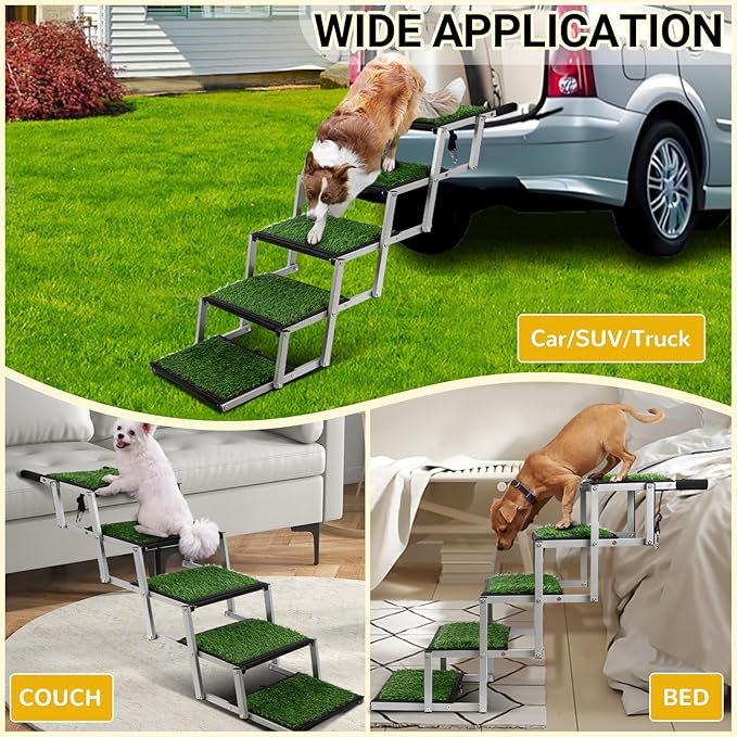 Dog Stairs for Car, Portable Folding Dog Ramps,Dog Steps for Large Dogs with Non-Slip Grass Rug for Cars, SUV, Trucks, Lightweight Pet Ramp Supports Up to 200 lb, 5 Steps