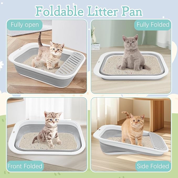 Fhiny Cat Litter Box Portable Shallow Litter Box 17.7"x13.4"x4.9" Foldable Cat Toilet with Scoop Open Kitty Potty Pan with Litter Drop Pedal Easy to Clean Travel Kitten Toilet(Gray)