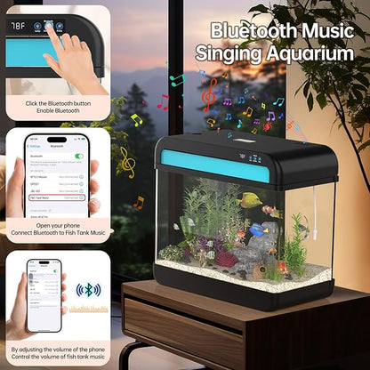 Fish Tank Aquarium 6.3 Gallon Fish Bowl with Music Humidifier 7 Color Auto-Looping Light Adjustable Quiet Pump, Temperature Display, Bottom Water Changer, HD Float Glass, Leak-Proof Thickened Base