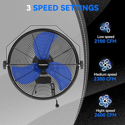 2600 CFM 14 inch Outdoor High Velocity Wall Mounted Fan, 3-Speed Metal Fans with IP44 Enclosure Motor, Industrial Grade Weatherproof Wall Fan for Patio, Greenhouse, Garage, and Gazebo