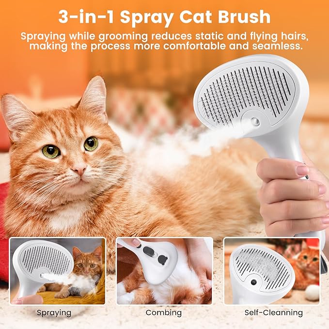 3 In 1 Cat Brush, Anti-Static Dog Brush One-click Self-cleaning Comb for Furry Pet, Rechargeable USB Cat Steam Brush for Shedding, Horse and Dog