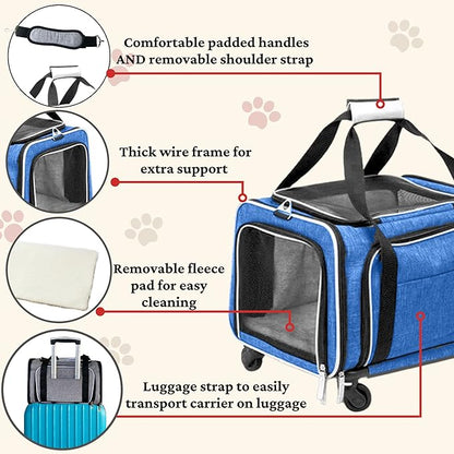 Airline Approved Expandable Premium Pet Carrier on Wheels- Two Sided Expandable Rolling Carrier- Designed for Dogs & Cats- Extra Spacious Soft Lined Carrier! (Blue)