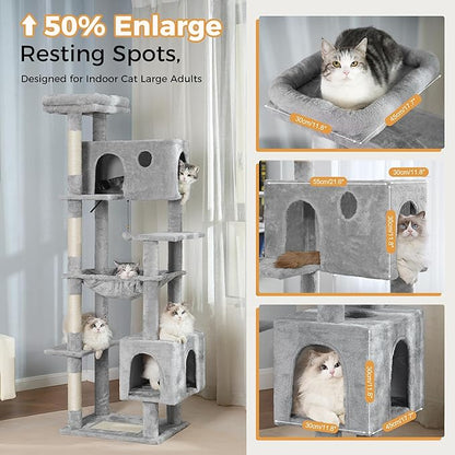 72” Cat Tree for Large Cats Big Cat Tower with Enlarged Hammock 21.6x17.7” Spacious Cats Condo House and Roomy Top Bed and Multiple Scratch Posts for Indoor Adult Cats (Grey, XLarge-72)