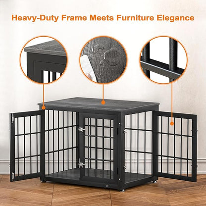 32 Inch Heavy Duty Dog Crate Furniture for Medium and Small Dogs, Decorative Pet House End Table, Wooden Cage Kennel Furniture Indoor, Gray