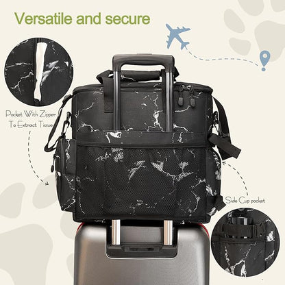 Dog Travel Bag,Weekend Pet Travel bag Set for Dog and Cat,Airline Approved Tote Multi-Function Dog Bags for Traveling,Include 2 Collapsible Bowls,2 Food Storage Containers,1 Feeding Mat,Marble