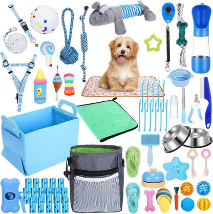 65 Pcs Puppy Supplies Starter Kit Small Dog Essentials Includes Dog Leash, Toys, Bowl, Brushes, Water Bottles, pet Blankets Puppy Accessories for New Welcome Gift Supplies(Cool,Blue)
