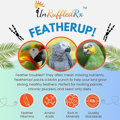 FeatherUp! Bird Vitamins with Biotin for Beautiful Plumage - Feather Growth Supplements for Parrots - 90 gm - 240 Servings
