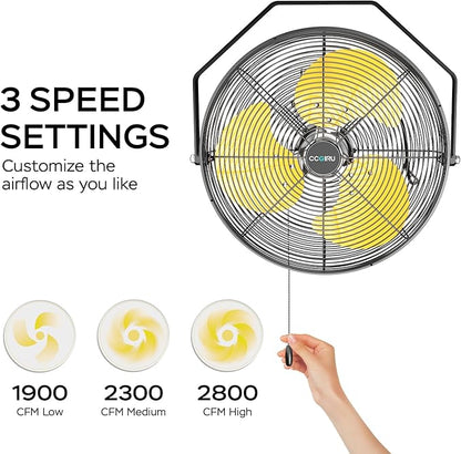 2800 CFM 12" Industrial Wall Mount Fan, High Velocity 3-Speed Professional Metal Wall Mounted Fan with Sealed Motor, Heavy Duty Fan Indoor for Covered Patio, Greenhouse, Gazebo, and Garage, UL Listed