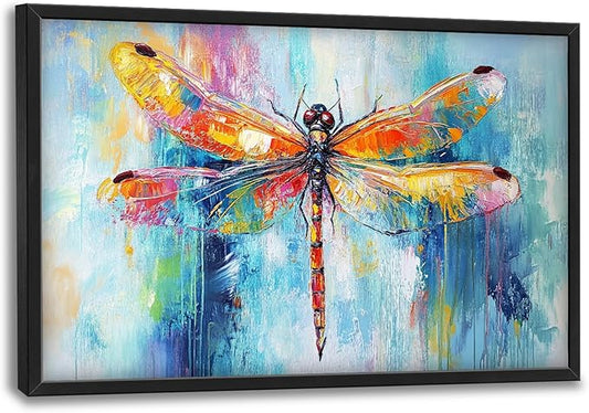 Extra Large Abstract Dragonfly Framed Wall Art for Living Room,Oversized Colorful Dragonfly Pictures Wall Decor,Teal Canvas Print Painting Modern Artwork Bedroom Office Bathroom 36L" x 24W"
