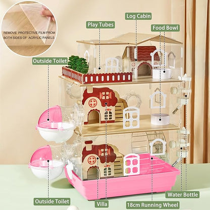 17 in 1 Clear Acrylic Hamster Cage with All Accessories,13.5''L* 10''W* 21''H Dwarf Hamster Cage,Magnetic Connection Small Hamster Enclosure,Garden Style Wooden Mouse Cage for Pet Mice(3-Layer,Pink)