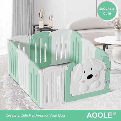 Foldable Dog Play Pen Indoors, Non-Slip Sturdy Puppy Playpen with Door, 25.5" H 10-Panel Adjustable Shape Dog Fence Pen for Small/Medium Dogs, Thickened, Easy to Store, White+Green