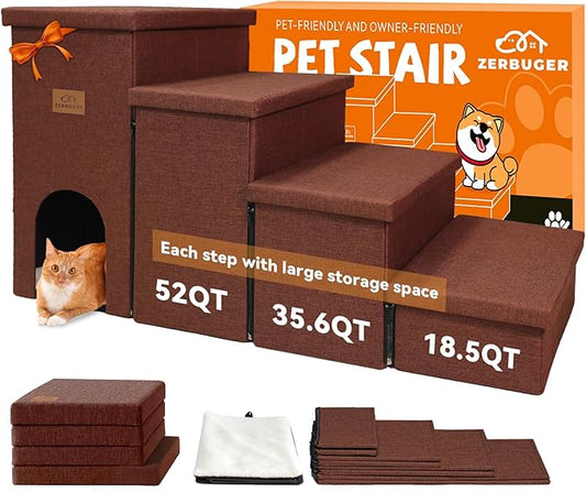 Dog Stairs with Condo 23" H, 4-Step Wider Dog Steps for High Beds Window, Folding Storage Pet Stairs Gift for Small/Medium/Large Old Dogs Cats, Ramp for Climbing Car Hold Up to 200 lbs, Brown
