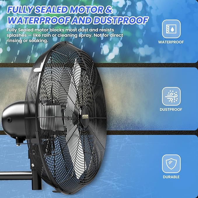 20'' Outdoor Wall Mount Fan, 4 Speed Oscillating Wall Fan with All Sealed Brushless DC Motor, Heavy Duty Industrial Fans, Waterproof Fans for Patios, House, Garage, Commercial, Warehouse, Factory