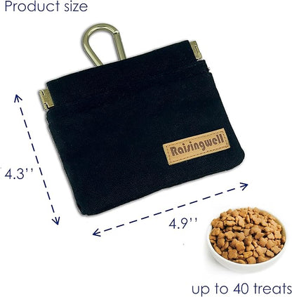 Dog Treat Pouch, Black Pocket Sized Pet Training Pouch, Cotton Fabric, Hand Free Dog Walking Bag with Carabiner, Self-Closing Pet Feed Snack Reward, for Pet Puppy Travel or Outdoor Use