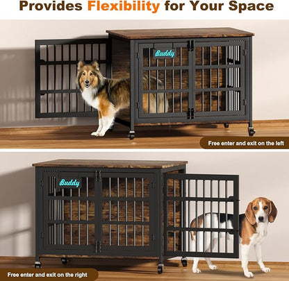 EasyCom 41"/33"/27" Dog Crate Furniture with Name Tag, Heavy Duty Dog Kennel Indoor for Medium Dogs, Double-Doors Sturdy Metal Dog Cage for Anxiety Dog, Decorate House as TV Stand, End Table