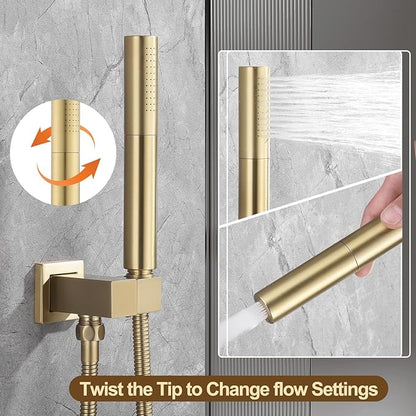 12 Inch Rain Shower System, Brushed Gold Shower Faucet Set with Push Button Diverter, 6 Inch Wall Mounted 3-Functions Bathroom Shower Systems with Dual-Function Handheld (Thermostatic, Gold Brushed)