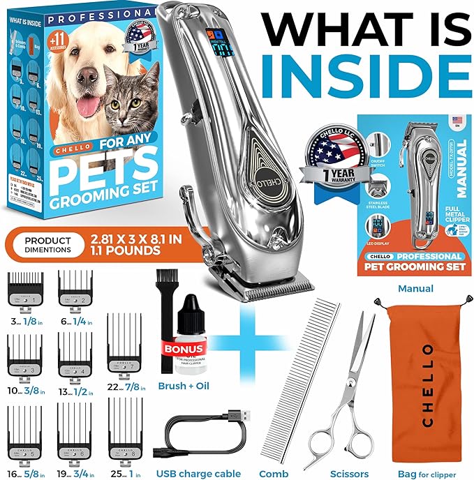 Full Metal Professional Dog Clippers for Grooming, Rechargeable, Low Noise Cordless, Pet Hair Clippers for Large Dogs, Heavy Duty Use with LED Display
