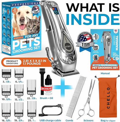 Full Metal Professional Dog Clippers for Grooming, Rechargeable, Low Noise Cordless, Pet Hair Clippers for Large Dogs, Heavy Duty Use with LED Display
