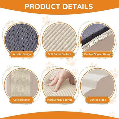 Dogs Steps for Bed, Dog Stairs for Small Dogs, 4-Step Dog Ramp for Bed, Couch, Sofa, and Chairs, Non-Slip Bottom Design, Cat Scratching, High Density Foam Portable Pet Step, Indoor, Beige