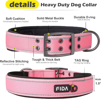 Fida Heavy Duty Dog Collar 1.5” Width, Ultra Soft Neoprene Padded, Adjustable Reflective Nylon Pet Collar with Two Metal Pin Belt Buckle for Large/X-Large Breeds (XL, Pink)