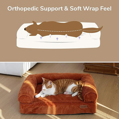 FUKUMARU Dog Couch Bed, Corduroy Cozy Cat Bed for Indoor Cats with Washable Cover, Supportive Waterproof Dog Beds Sofa for Small Dogs and Large Cats Cute, 28inch, Medium, Orange