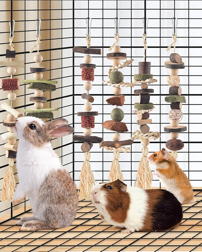 6PCS Bunny Chew Toys, Hamster Rabbit Cage Hanging Chew Toys, Natural Apple Wood Bunnies Treats, Improve Small Animal Teeth Health for Guinea Pig Chinchilla Ferret Rats Gerbil