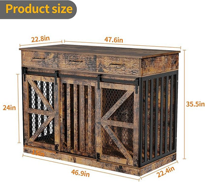48'' Dog Crate Furniture with Removable Divider & Storage Drawers, Wooden Double Dog Cage TV Stand with 2 Sliding Barn Doors, Multi-Functional Dog Crate End Table for Indoor use (Retro Brown)